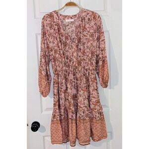 Ces Femme Floral Print Mini Dress Tassel Tie Long Sleeve Pink Boho Small‎ NWOT